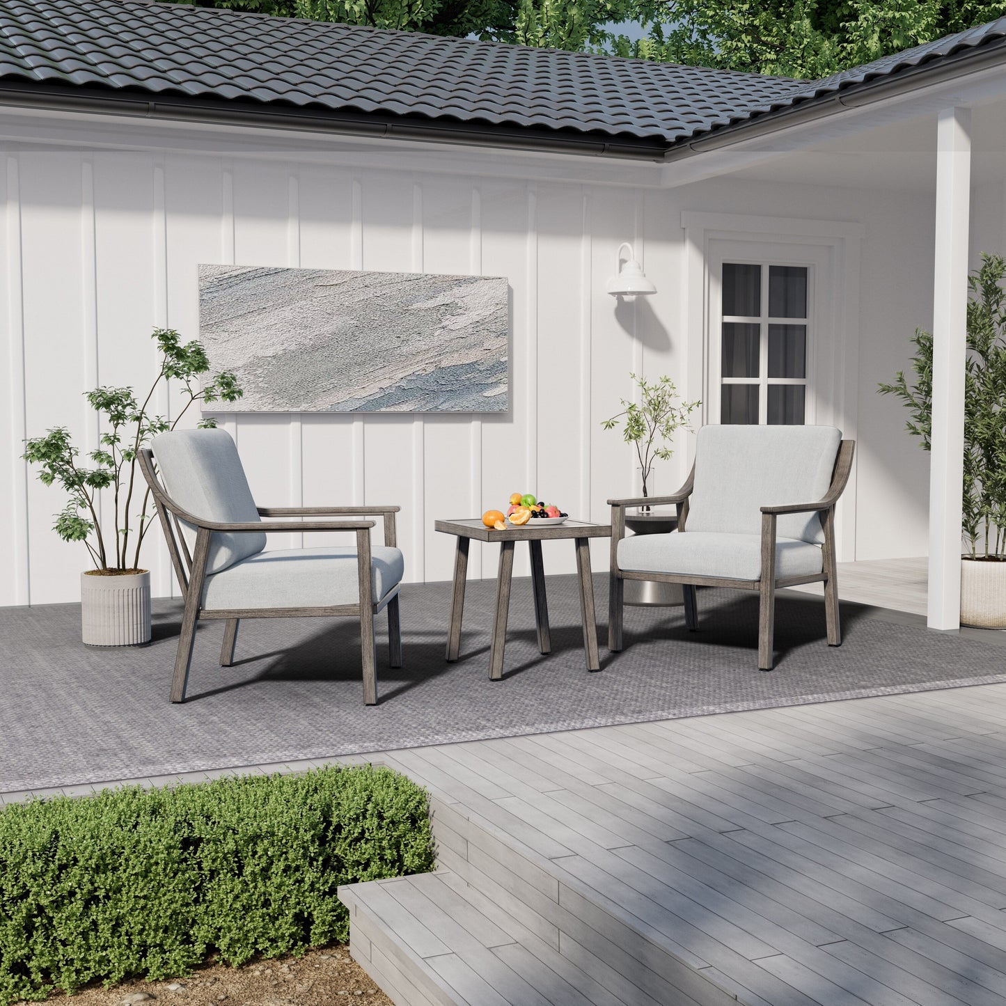 Set da conversazione in alluminio da 3 pezzi con tavolino e cuscini