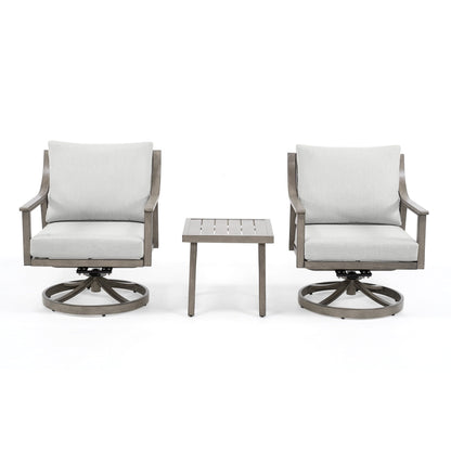Set da conversazione in alluminio da 3 pezzi con sedie girevoli, tavolino e cuscini