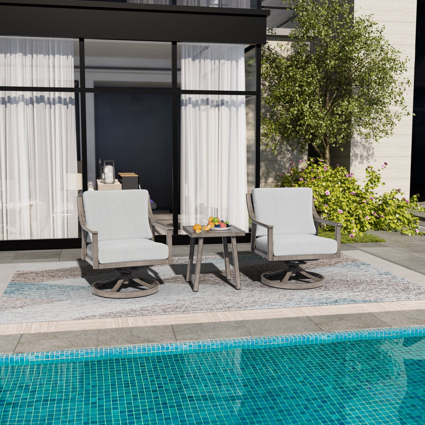 Set da conversazione in alluminio da 3 pezzi con sedie girevoli, tavolino e cuscini
