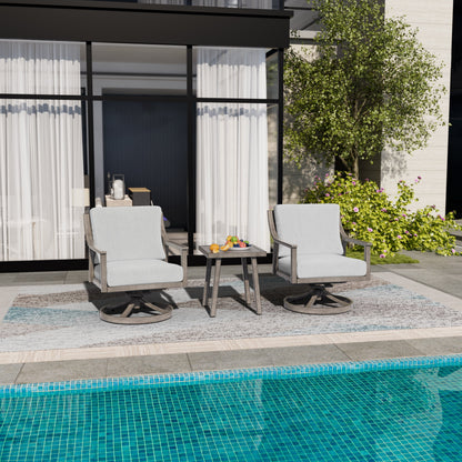 Set da conversazione in alluminio da 3 pezzi con sedie girevoli, tavolino e cuscini