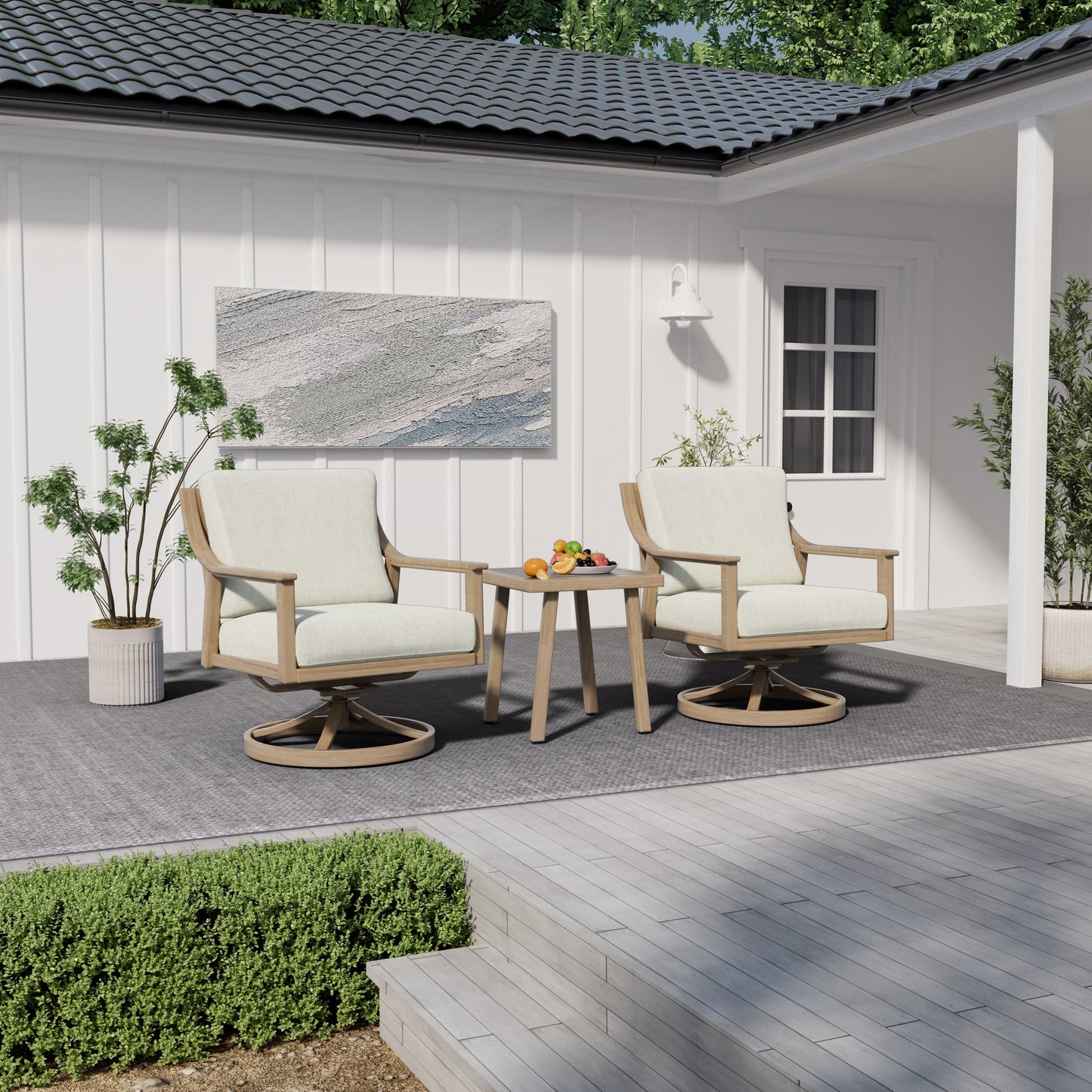 Set da conversazione in alluminio da 3 pezzi con sedie girevoli, tavolino e cuscini