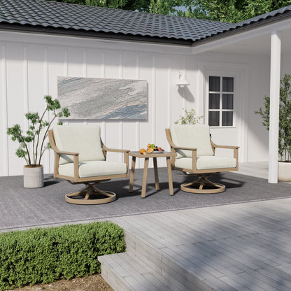 Set da conversazione in alluminio da 3 pezzi con sedie girevoli, tavolino e cuscini