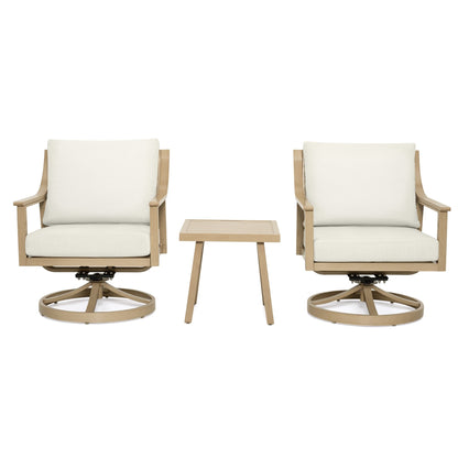 Set da conversazione in alluminio da 3 pezzi con sedie girevoli, tavolino e cuscini