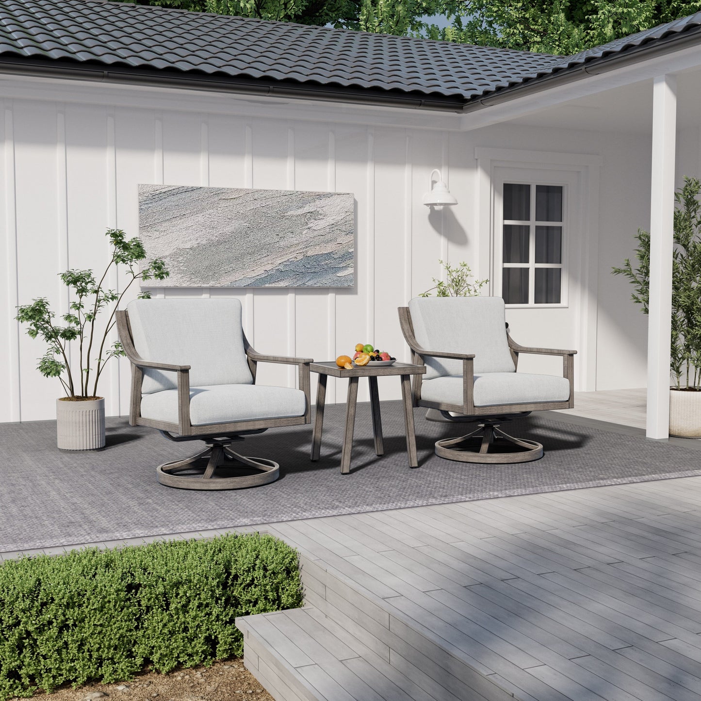 Set da conversazione in alluminio da 3 pezzi con sedie girevoli, tavolino e cuscini