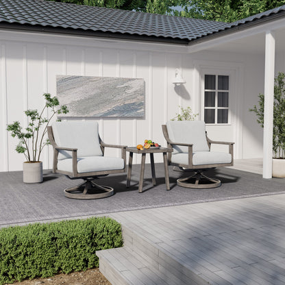 Set da conversazione in alluminio da 3 pezzi con sedie girevoli, tavolino e cuscini