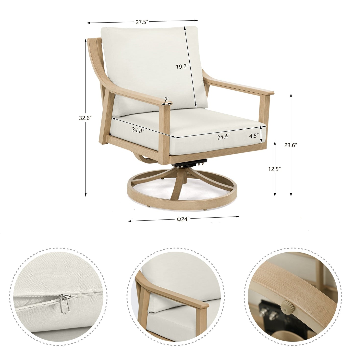 Set da conversazione in alluminio da 3 pezzi con sedie girevoli, tavolino e cuscini