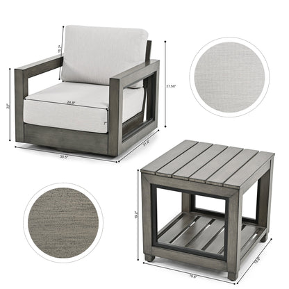 Set da conversazione per patio in alluminio da 3 pezzi con sedie girevoli, struttura dipinta a mano e cuscini