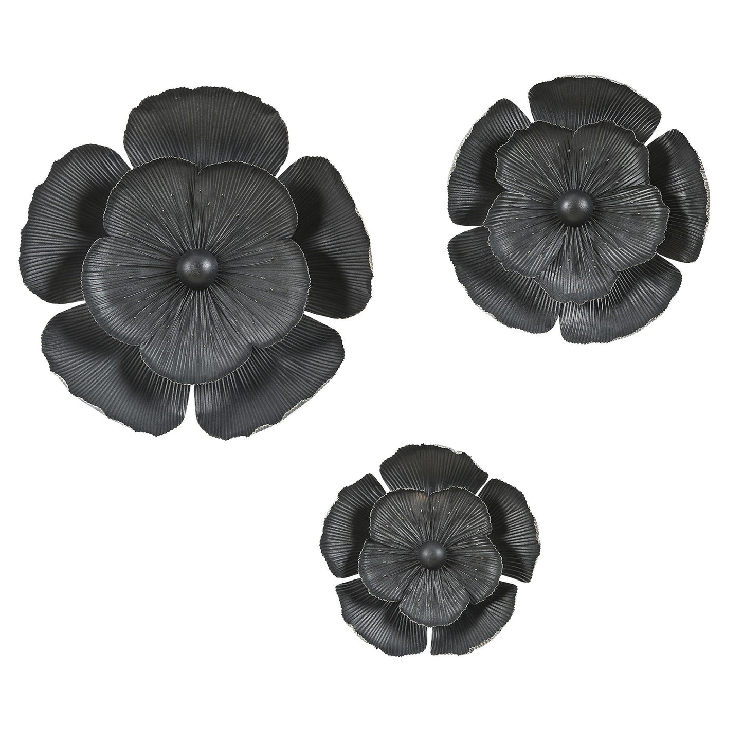 Decorazione da parete con fiori in metallo multi-dimensione grigio scuro e oro (set da 3)