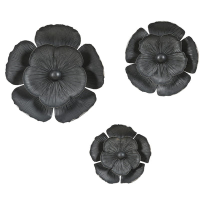 Decorazione da parete con fiori in metallo multi-dimensione grigio scuro e oro (set da 3)