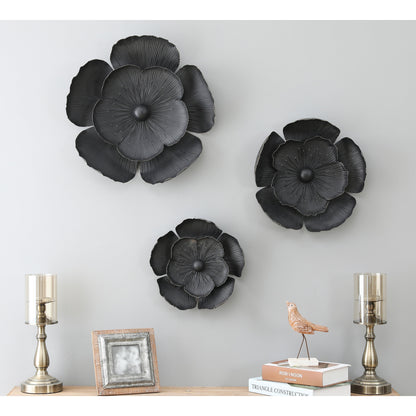 Decorazione da parete con fiori in metallo multi-dimensione grigio scuro e oro (set da 3)