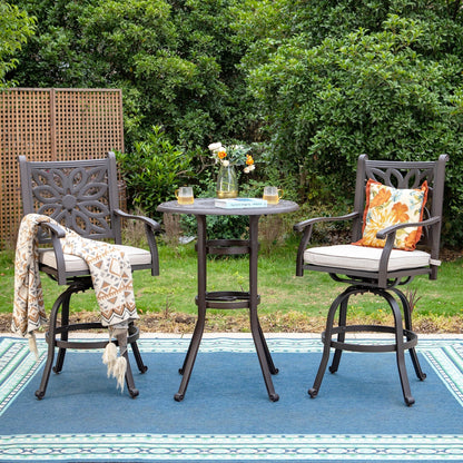 MAISON ARTS Set di 3 sgabelli da bar per patio in alluminio pressofuso, composto da 1 tavolo da bar e 2 sgabelli da bar alti girevoli