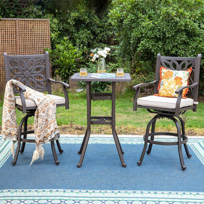 MAISON ARTS Set di 3 sgabelli da bar per patio in alluminio pressofuso, composto da 1 tavolo da bar e 2 sgabelli da bar alti girevoli