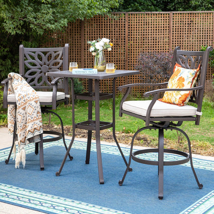 MAISON ARTS Set di 3 sgabelli da bar per patio in alluminio pressofuso, composto da 1 tavolo da bar e 2 sgabelli da bar alti girevoli