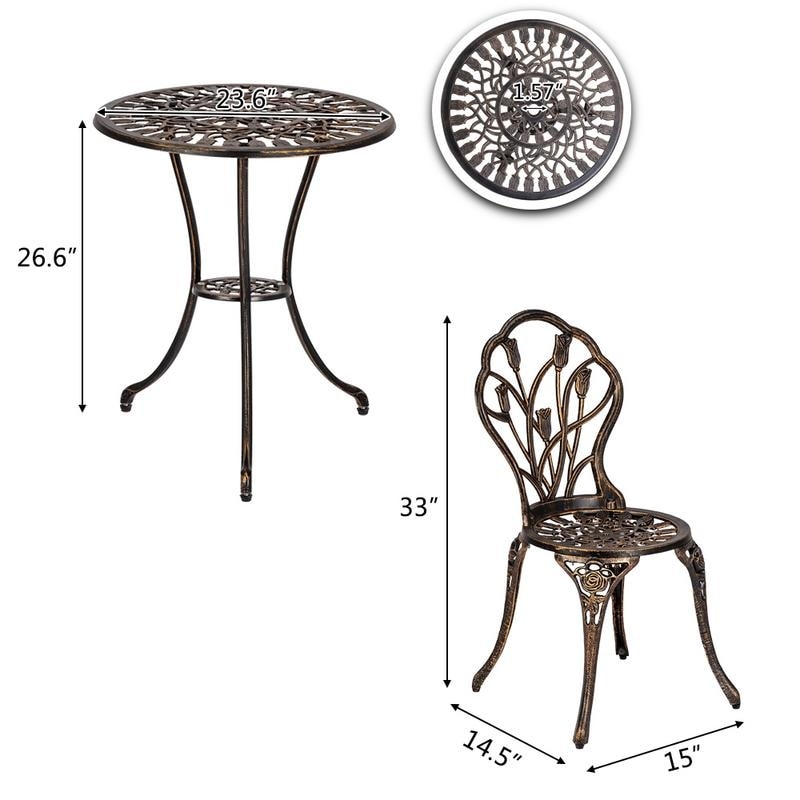 Set da bistrot da giardino in alluminio pressofuso da 3 pezzi, mobili da esterno, design a tulipano, finitura in rame anticato, resistente alla ruggine