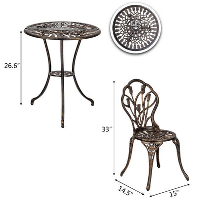 Set da bistrot da giardino in alluminio pressofuso da 3 pezzi, mobili da esterno, design a tulipano, finitura in rame anticato, resistente alla ruggine