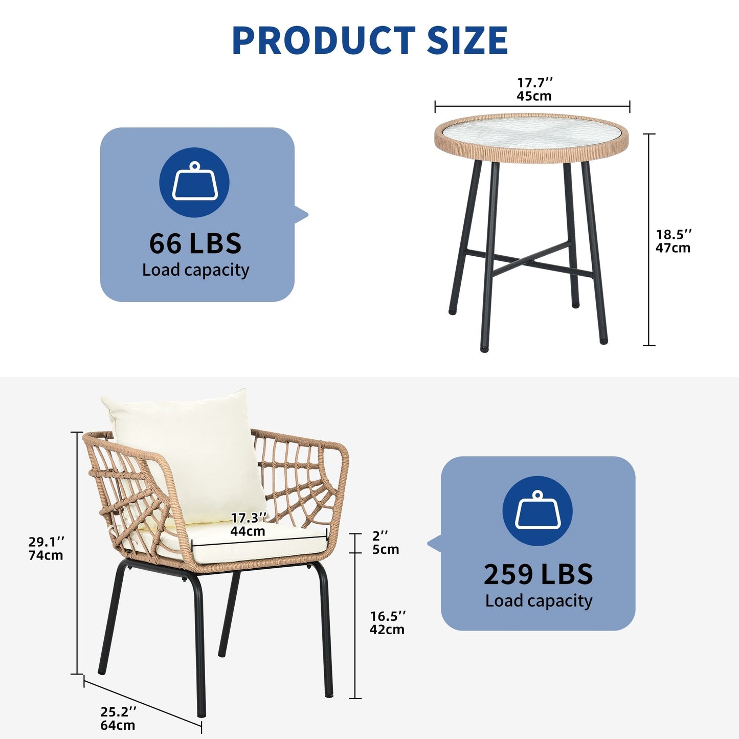 Set da bistrot imbottito Moasis da 3 pezzi con sedia in vimini e tavolino laterale