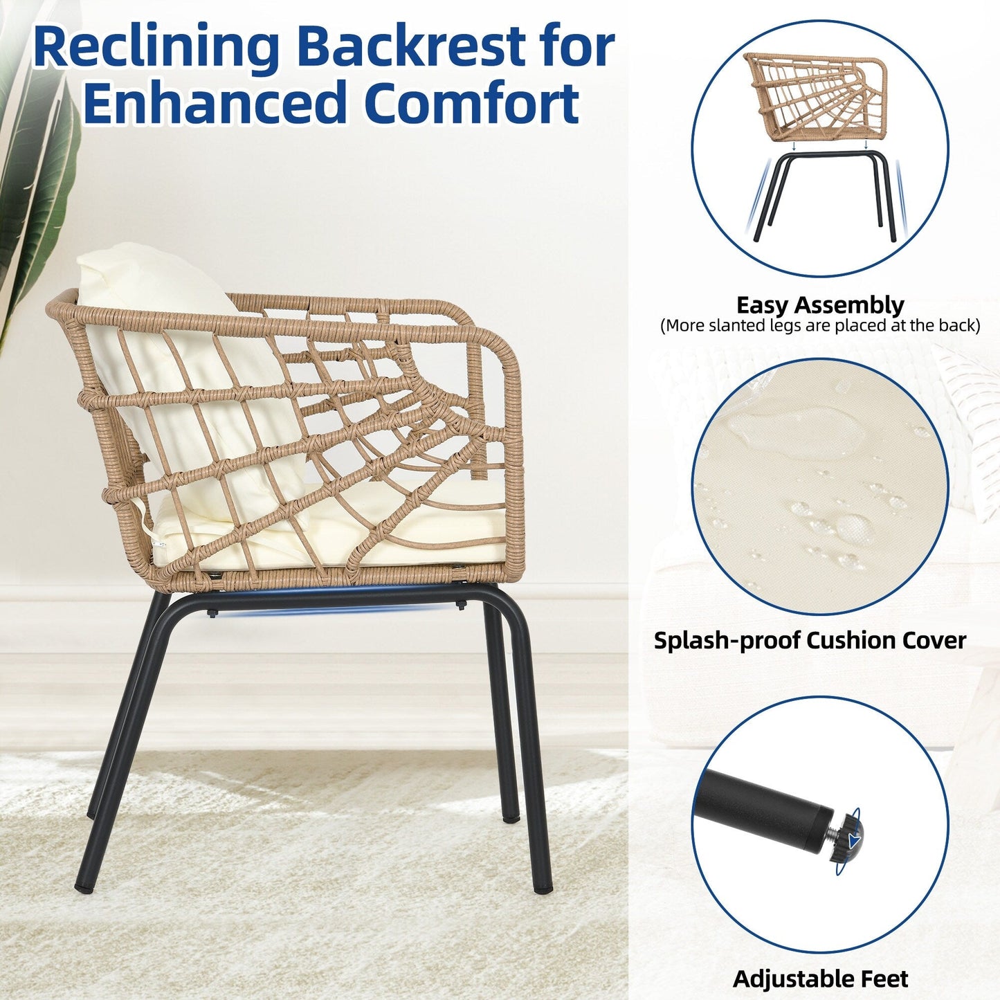 Set da bistrot imbottito Moasis da 3 pezzi con sedia in vimini e tavolino laterale