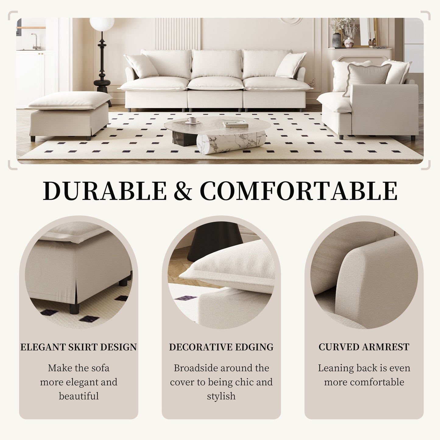 Set di divani da soggiorno da 3 pezzi, divano componibile modulare a L in ciniglia, divano e poltrona imbottiti a 3 posti e pouf mobile