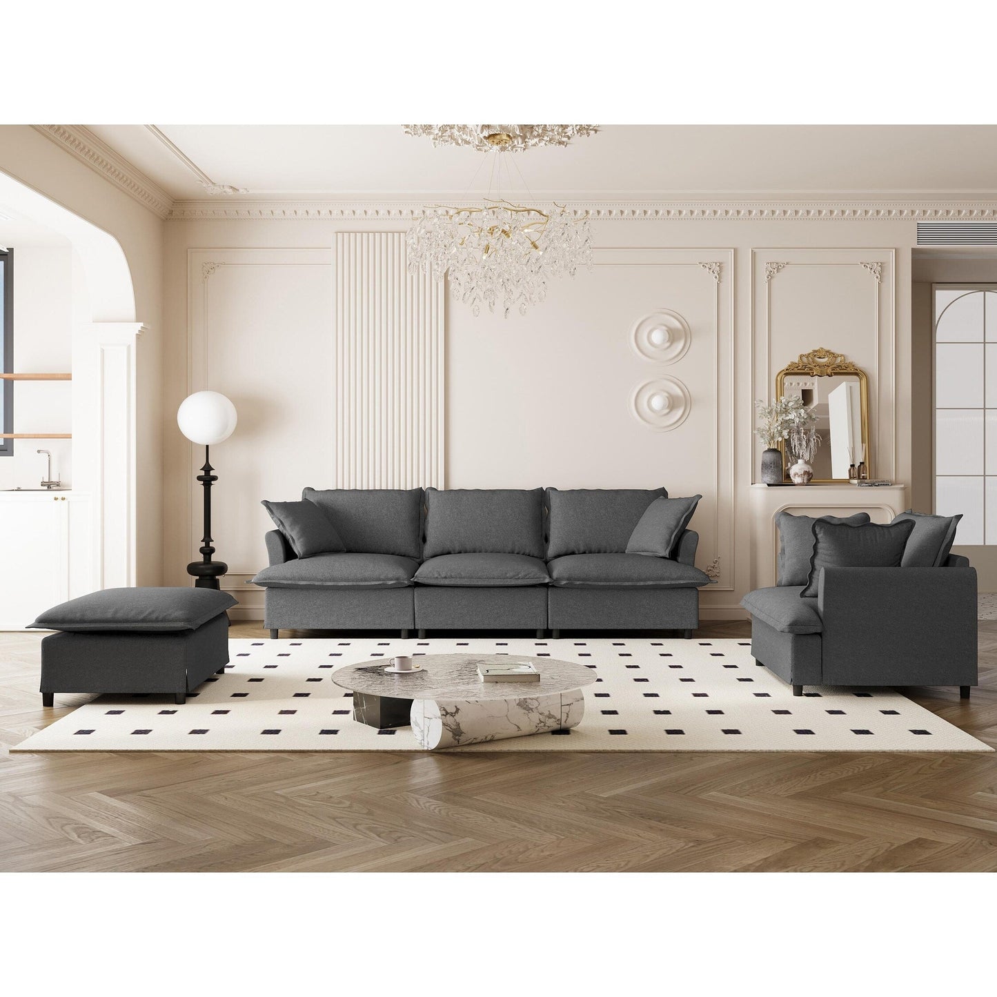 Set di divani da soggiorno da 3 pezzi, divano componibile modulare a L in ciniglia, divano e poltrona imbottiti a 3 posti e pouf mobile