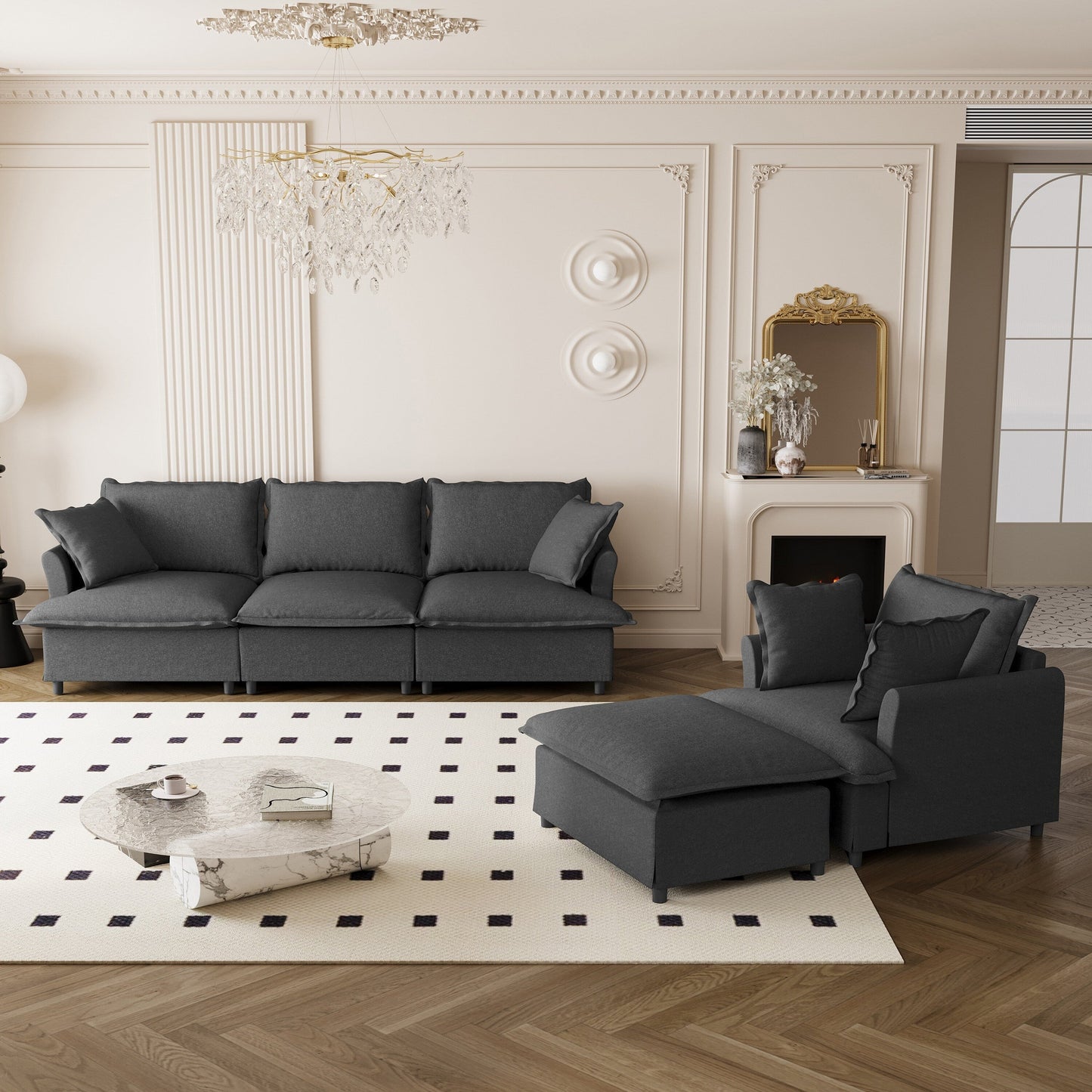 Set di divani da soggiorno da 3 pezzi, divano componibile modulare a L in ciniglia, divano e poltrona imbottiti a 3 posti e pouf mobile