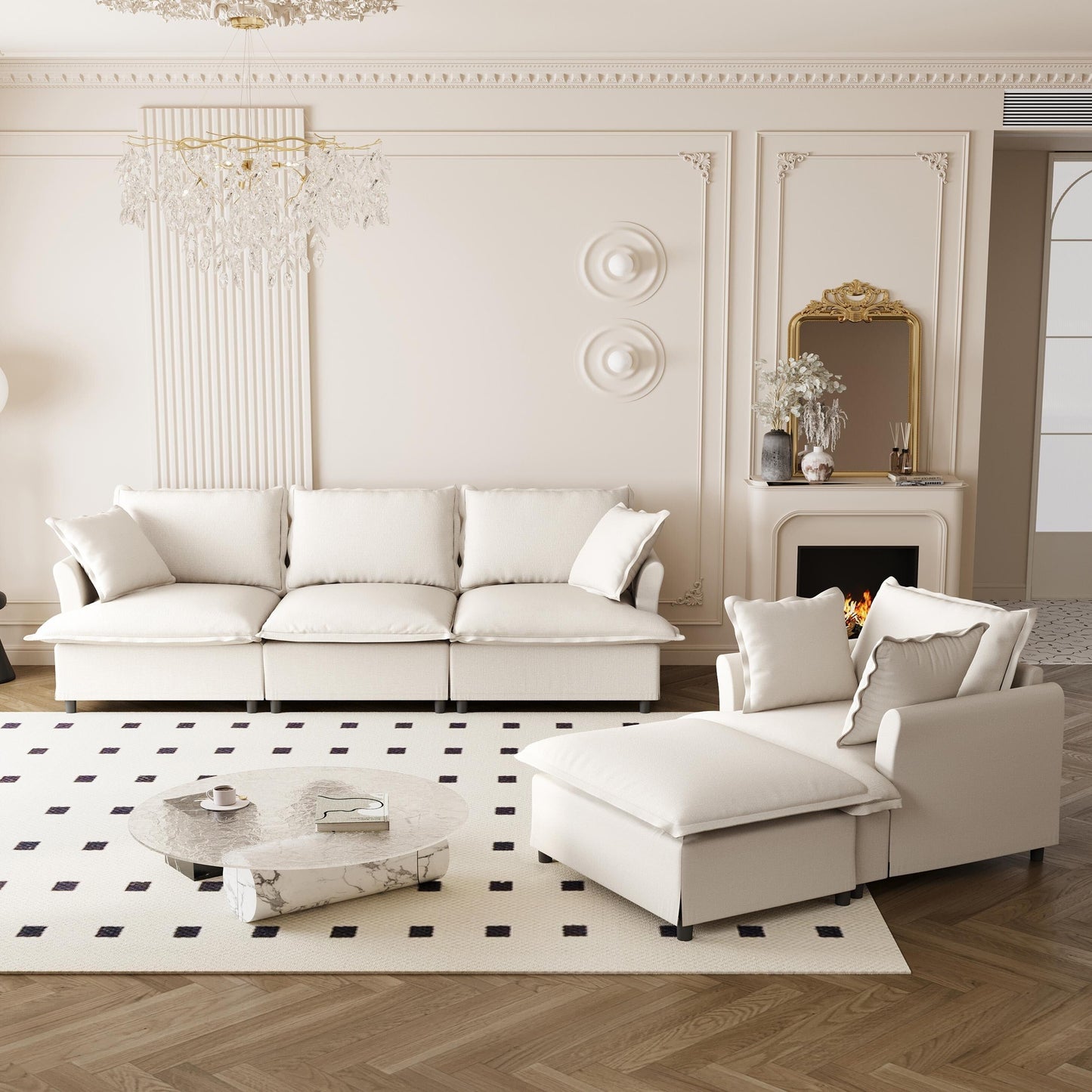 Set di divani da soggiorno da 3 pezzi, divano componibile modulare a L in ciniglia, divano e poltrona imbottiti a 3 posti e pouf mobile