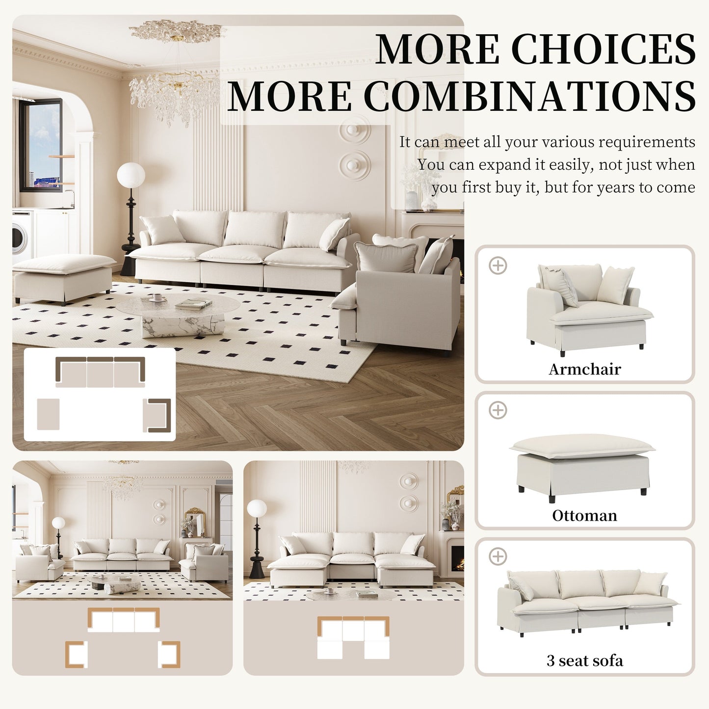 Set di divani da soggiorno da 3 pezzi, divano componibile modulare a L in ciniglia, divano e poltrona imbottiti a 3 posti e pouf mobile