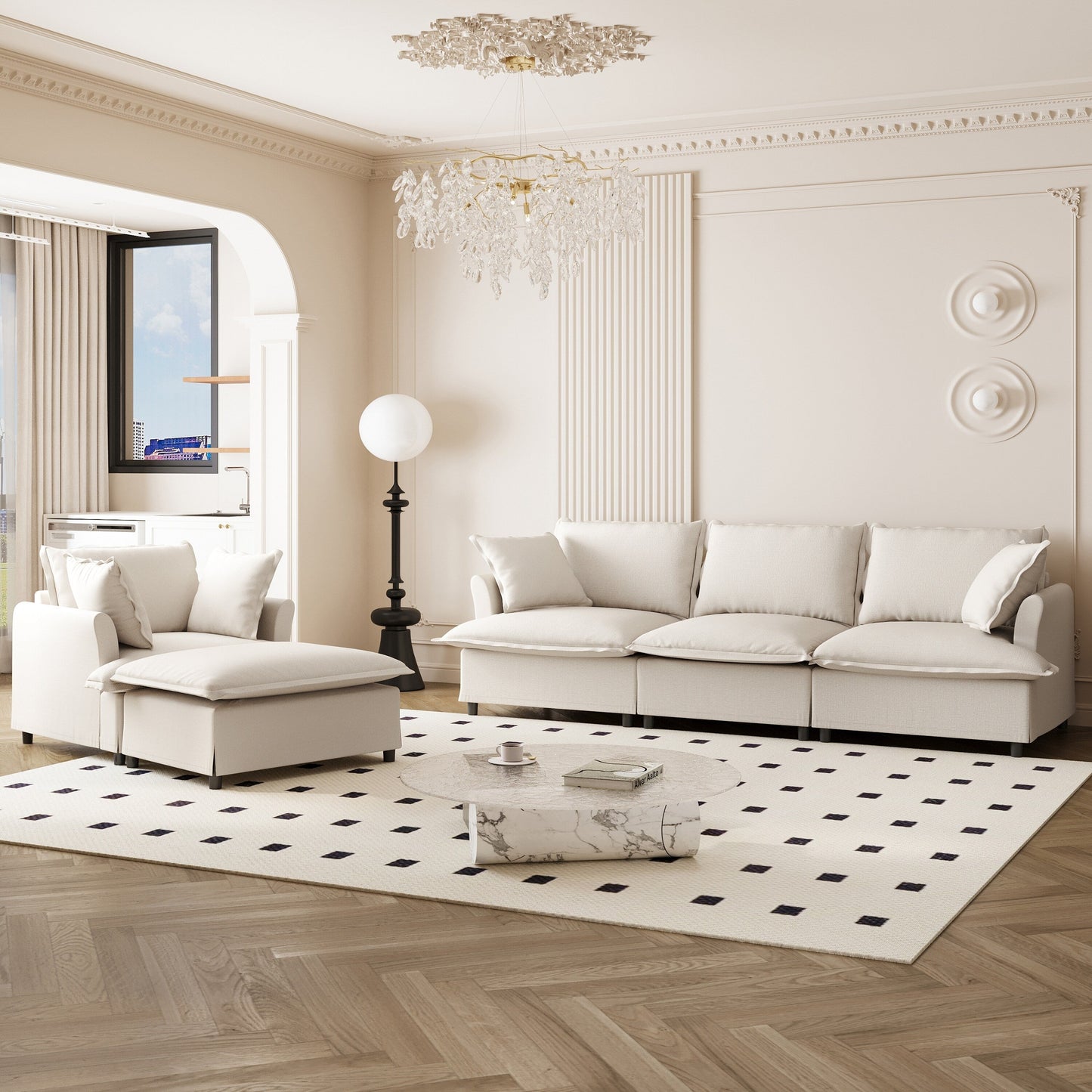 Set di divani da soggiorno da 3 pezzi, divano componibile modulare a L in ciniglia, divano e poltrona imbottiti a 3 posti e pouf mobile