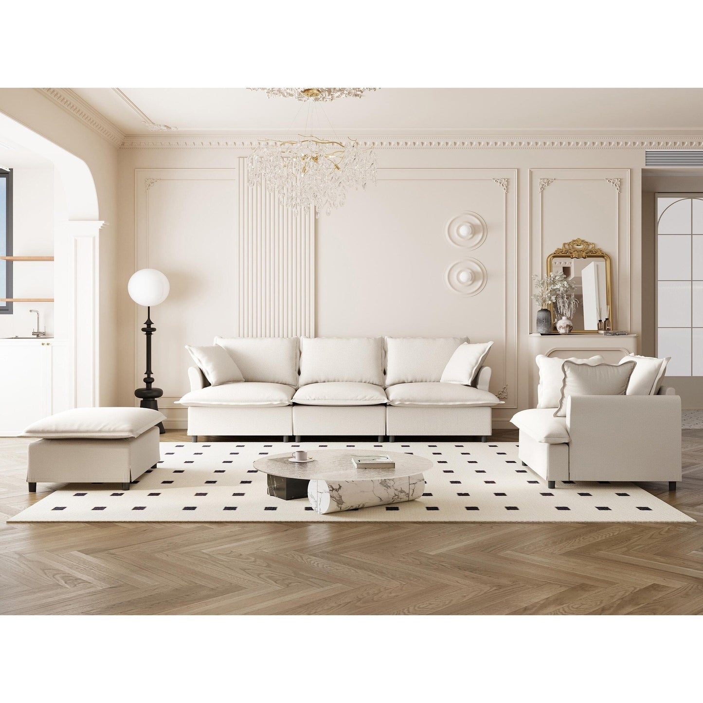 Set di divani da soggiorno da 3 pezzi, divano componibile modulare a L in ciniglia, divano e poltrona imbottiti a 3 posti e pouf mobile