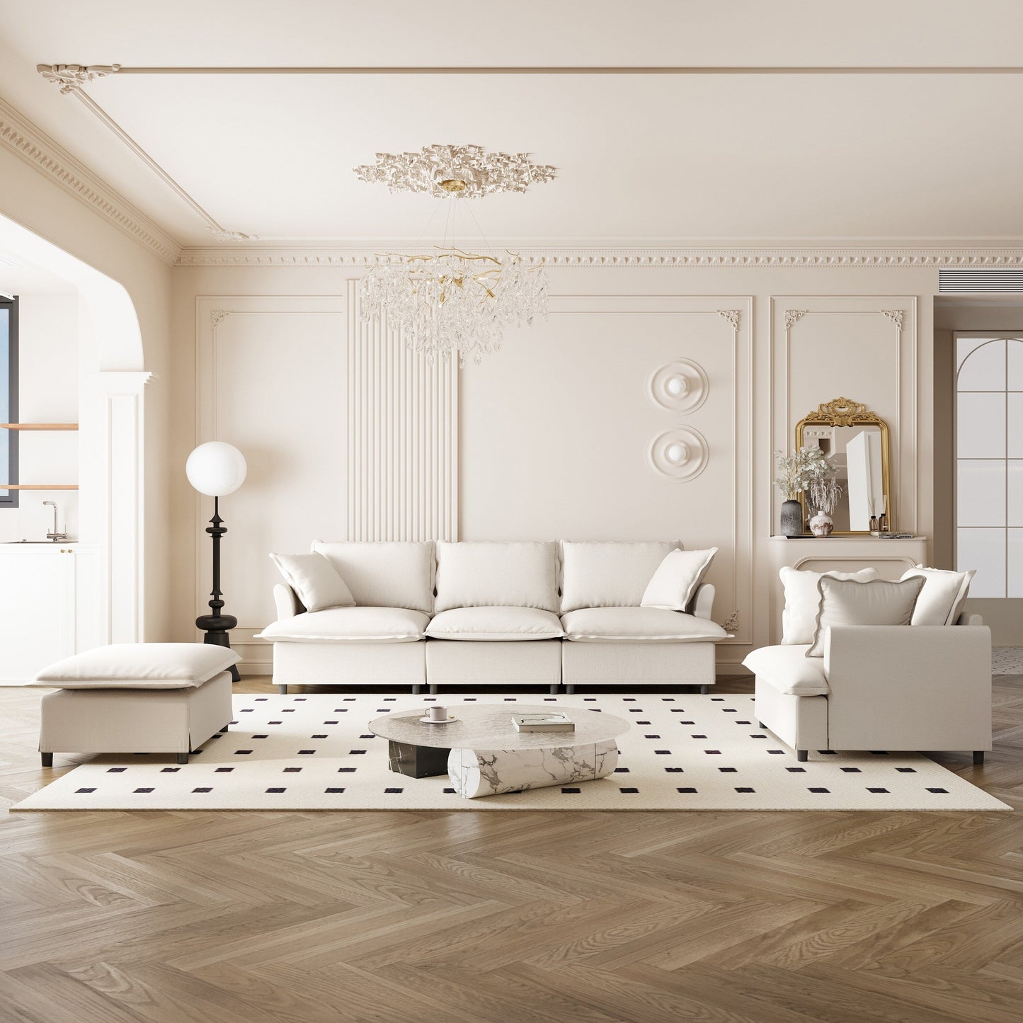 Set di divani da soggiorno da 3 pezzi, divano componibile modulare a L in ciniglia, divano e poltrona imbottiti a 3 posti e pouf mobile