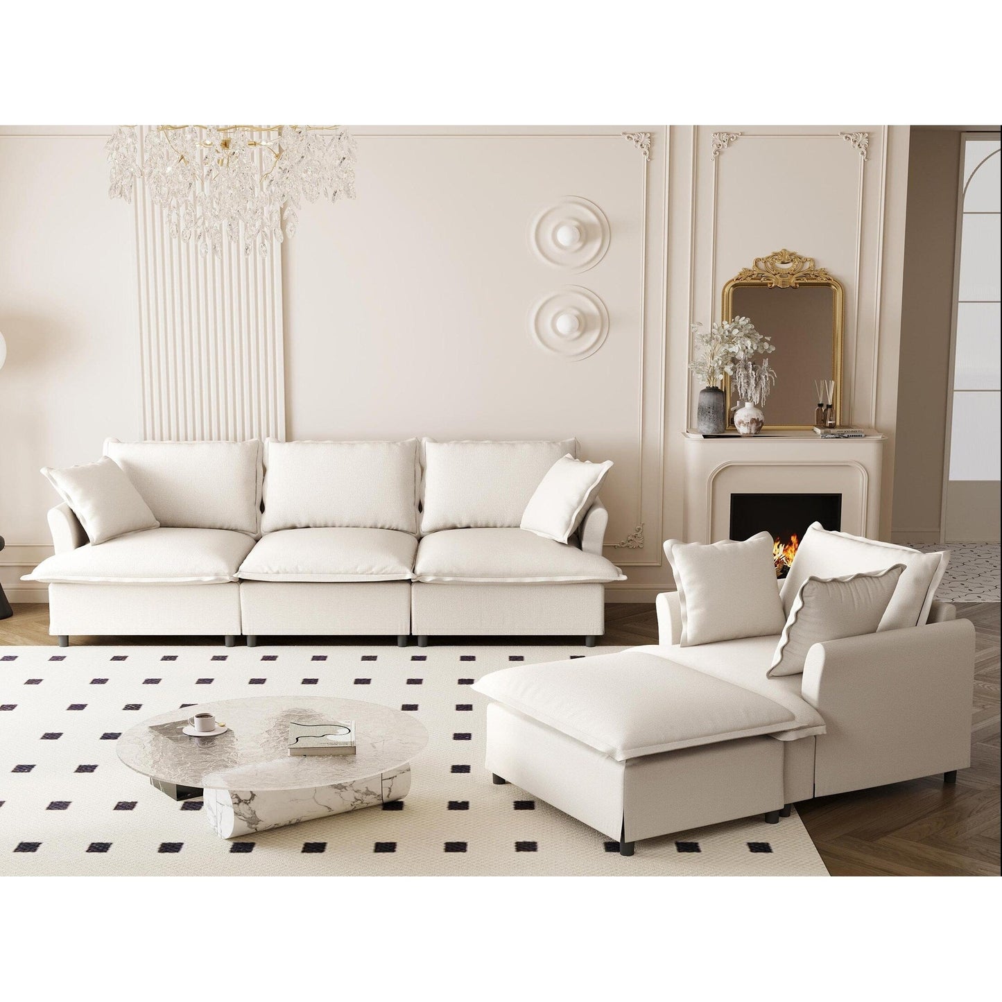 Set di divani da soggiorno da 3 pezzi, divano componibile modulare a L in ciniglia, divano e poltrona imbottiti a 3 posti e pouf mobile