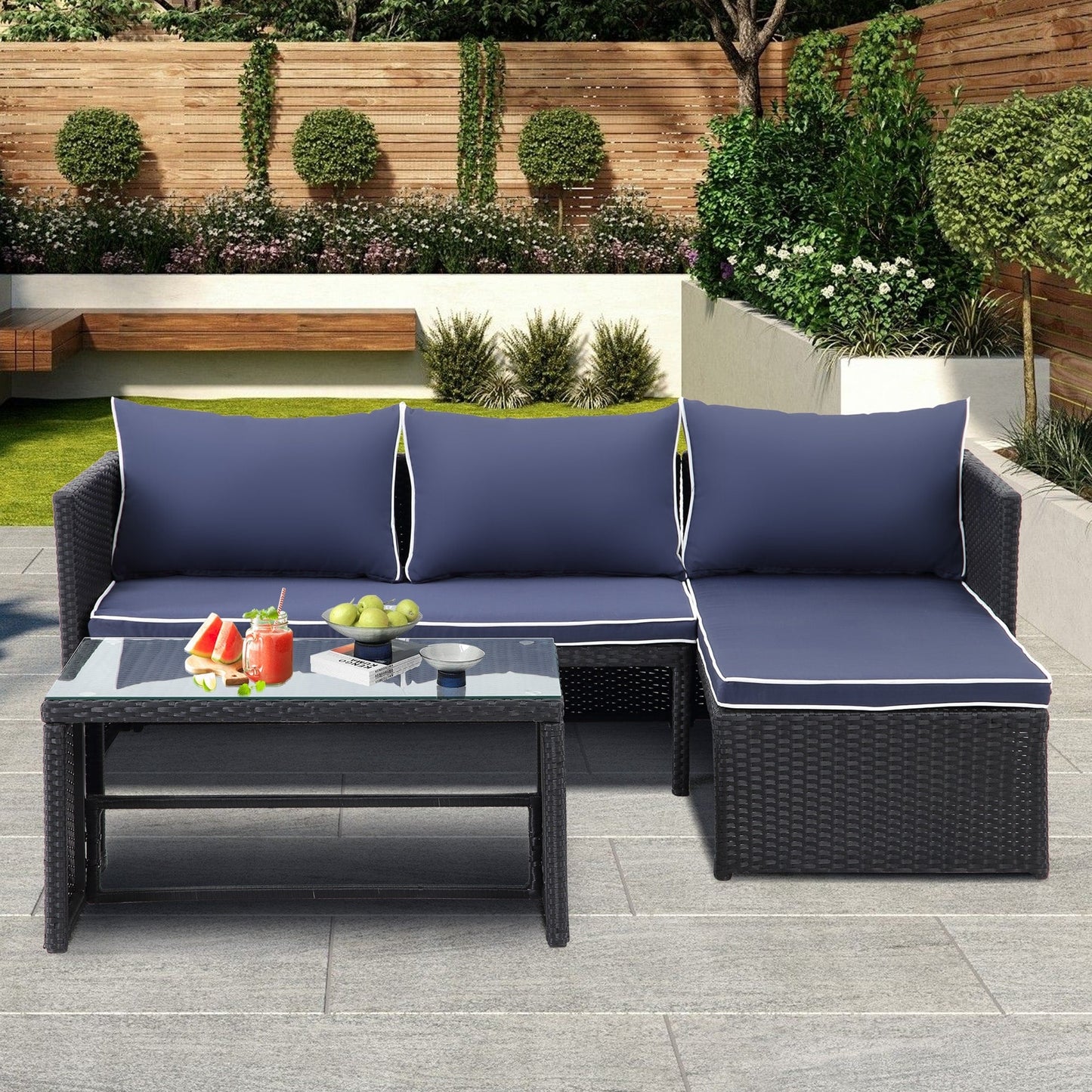 Set di mobili da esterno in rattan PE da 3 pezzi, divano a due posti in vimini per conversazione, divano componibile con cuscino