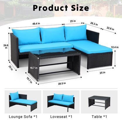 Set di mobili da esterno in rattan PE da 3 pezzi, divano a due posti in vimini per conversazione, divano componibile con cuscino