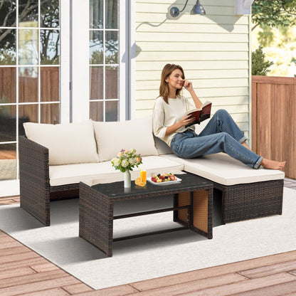 Set di mobili da esterno in rattan PE da 3 pezzi, divano a due posti in vimini per conversazione, divano componibile con cuscino