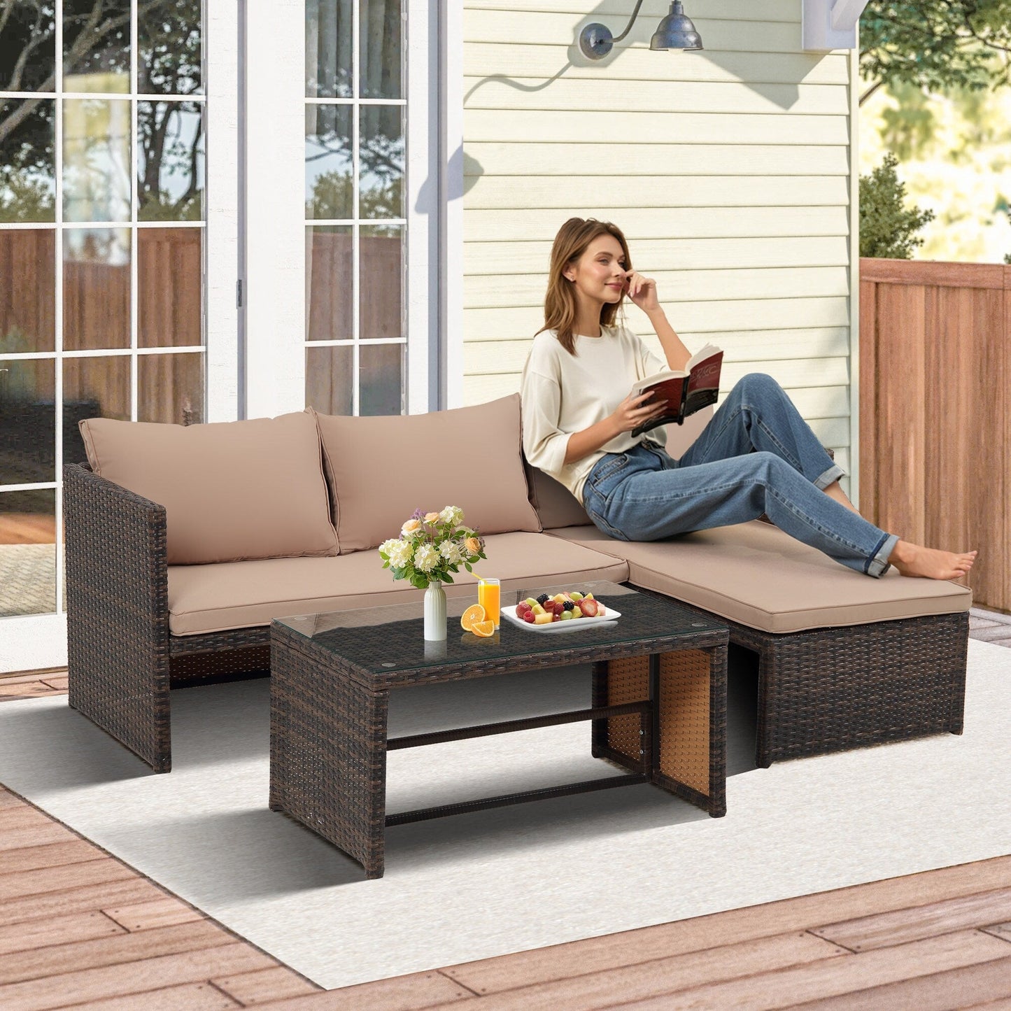 Set di mobili da esterno in rattan PE da 3 pezzi, divano a due posti in vimini per conversazione, divano componibile con cuscino