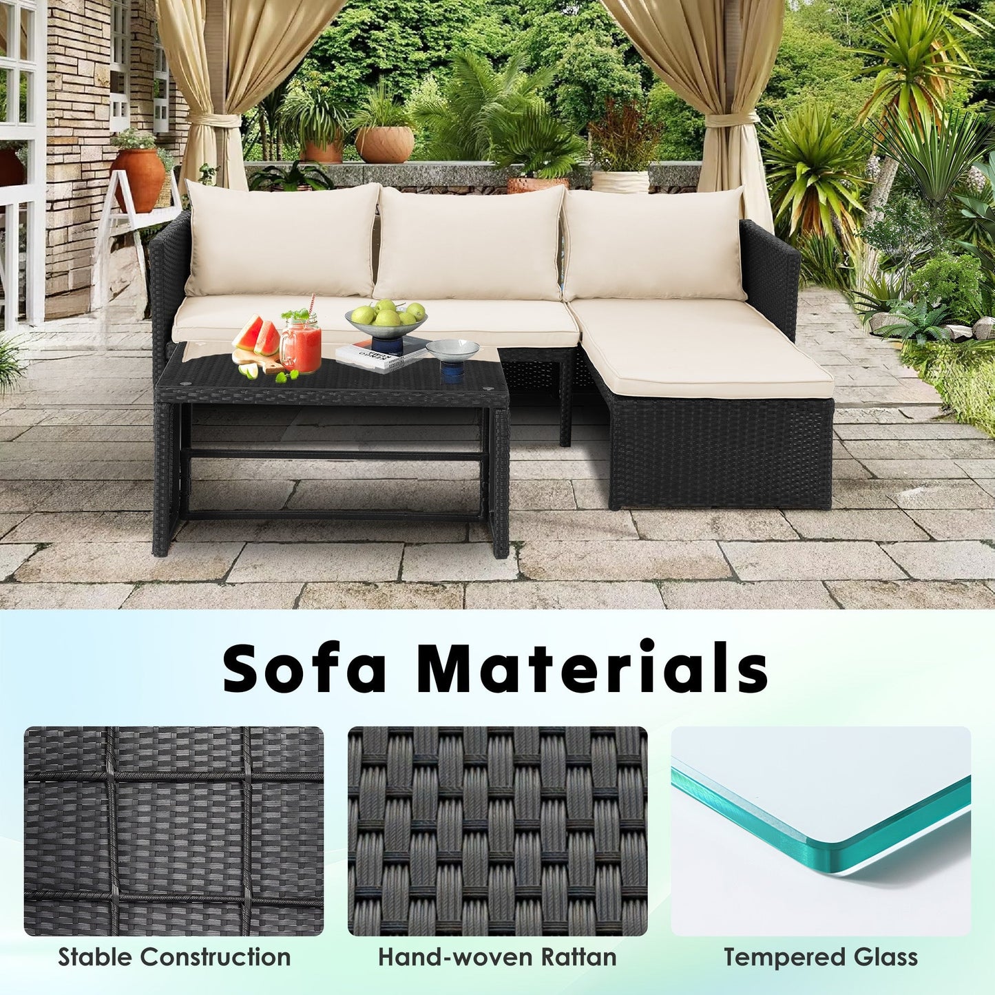 Set di mobili da esterno in rattan PE da 3 pezzi, divano a due posti in vimini per conversazione, divano componibile con cuscino