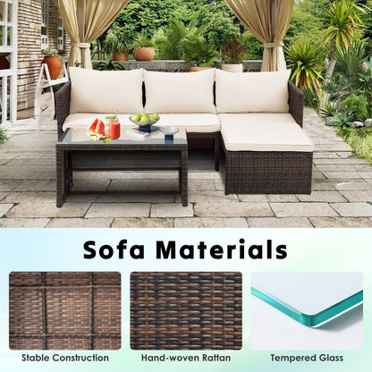 Set di mobili da esterno in rattan PE da 3 pezzi, divano a due posti in vimini per conversazione, divano componibile con cuscino