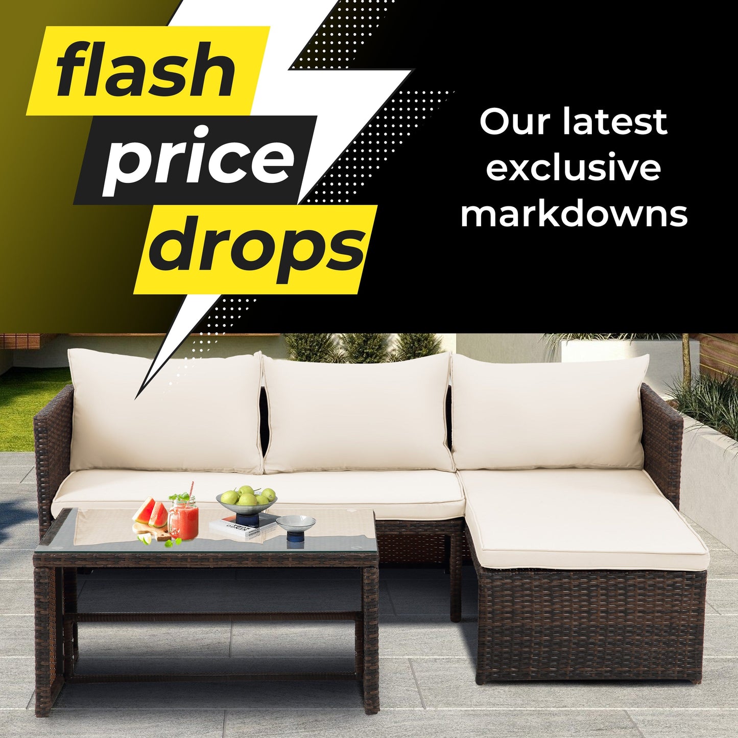 Set di mobili da esterno in rattan PE da 3 pezzi, divano a due posti in vimini per conversazione, divano componibile con cuscino