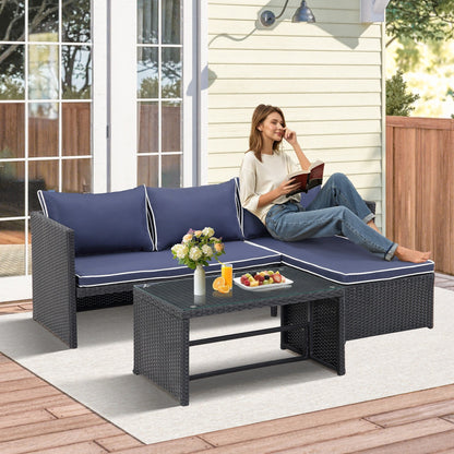 Set di mobili da esterno in rattan PE da 3 pezzi, divano a due posti in vimini per conversazione, divano componibile con cuscino