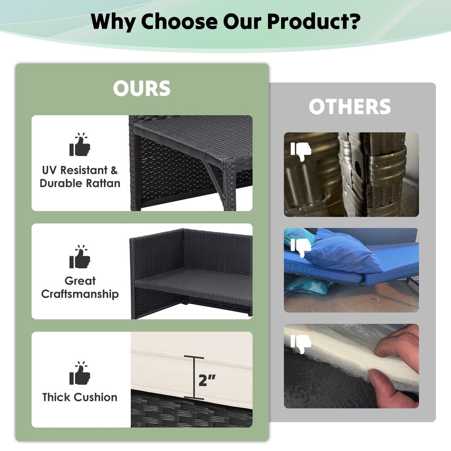 Set di mobili da esterno in rattan PE da 3 pezzi, divano a due posti in vimini per conversazione, divano componibile con cuscino