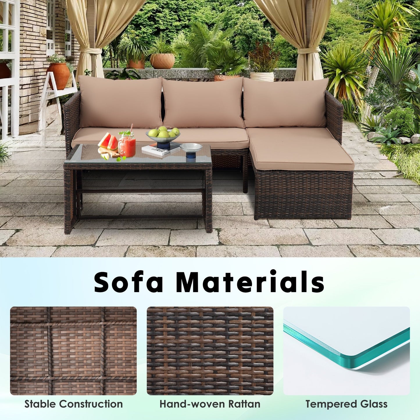 Set di mobili da esterno in rattan PE da 3 pezzi, divano a due posti in vimini per conversazione, divano componibile con cuscino