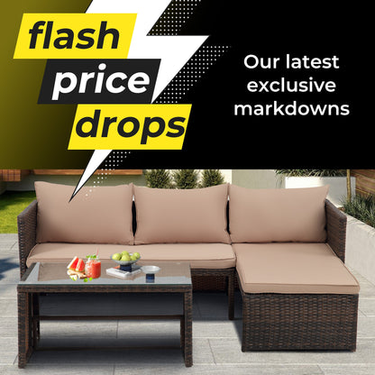 Set di mobili da esterno in rattan PE da 3 pezzi, divano a due posti in vimini per conversazione, divano componibile con cuscino