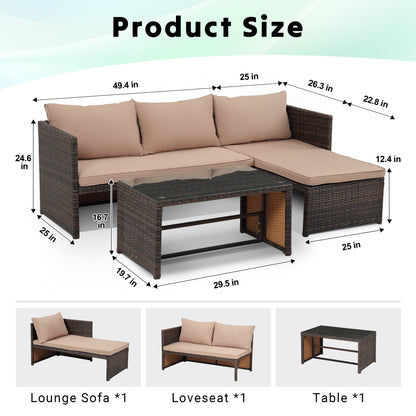 Set di mobili da esterno in rattan PE da 3 pezzi, divano a due posti in vimini per conversazione, divano componibile con cuscino