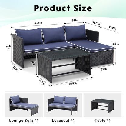 Set di mobili da esterno in rattan PE da 3 pezzi, divano a due posti in vimini per conversazione, divano componibile con cuscino