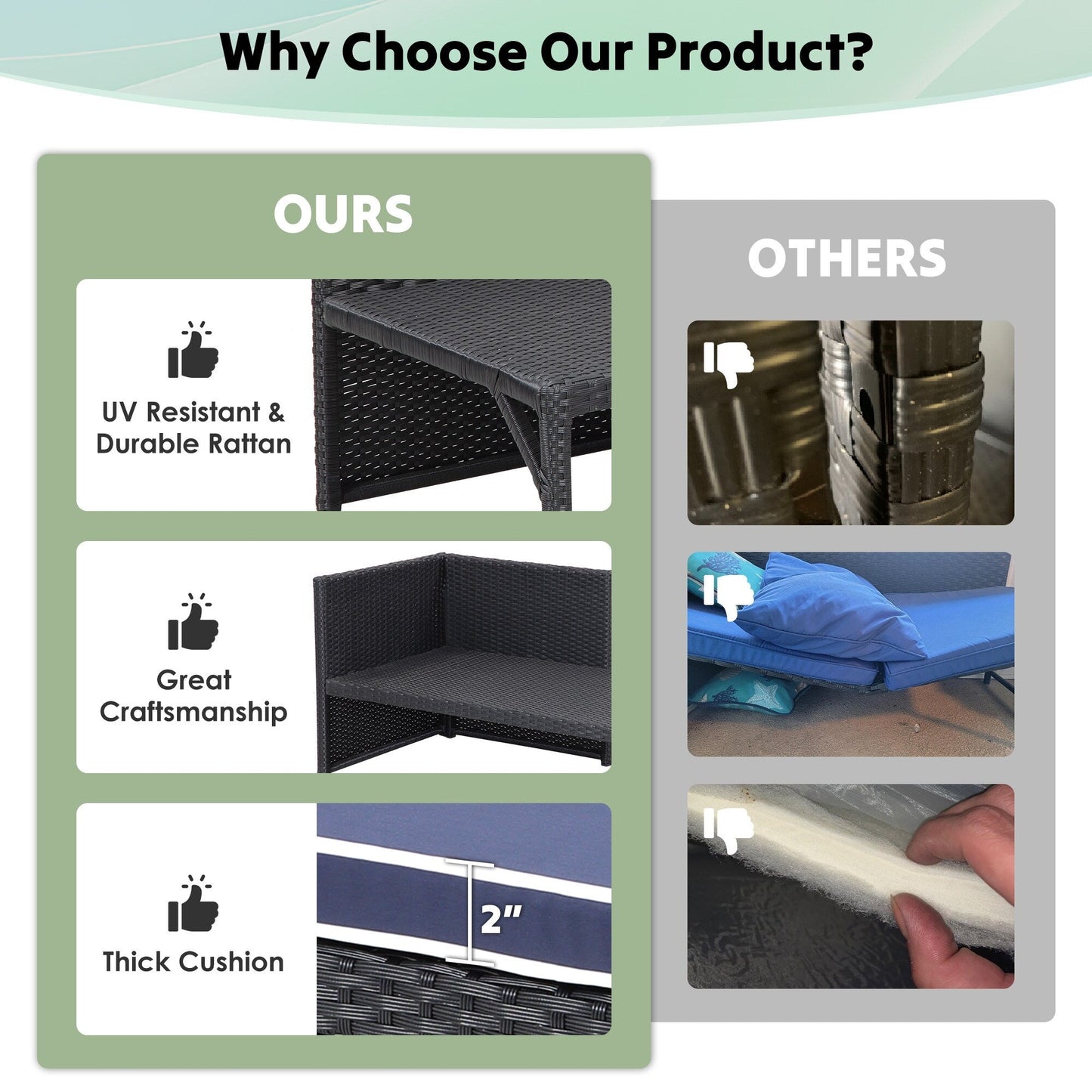 Set di mobili da esterno in rattan PE da 3 pezzi, divano a due posti in vimini per conversazione, divano componibile con cuscino