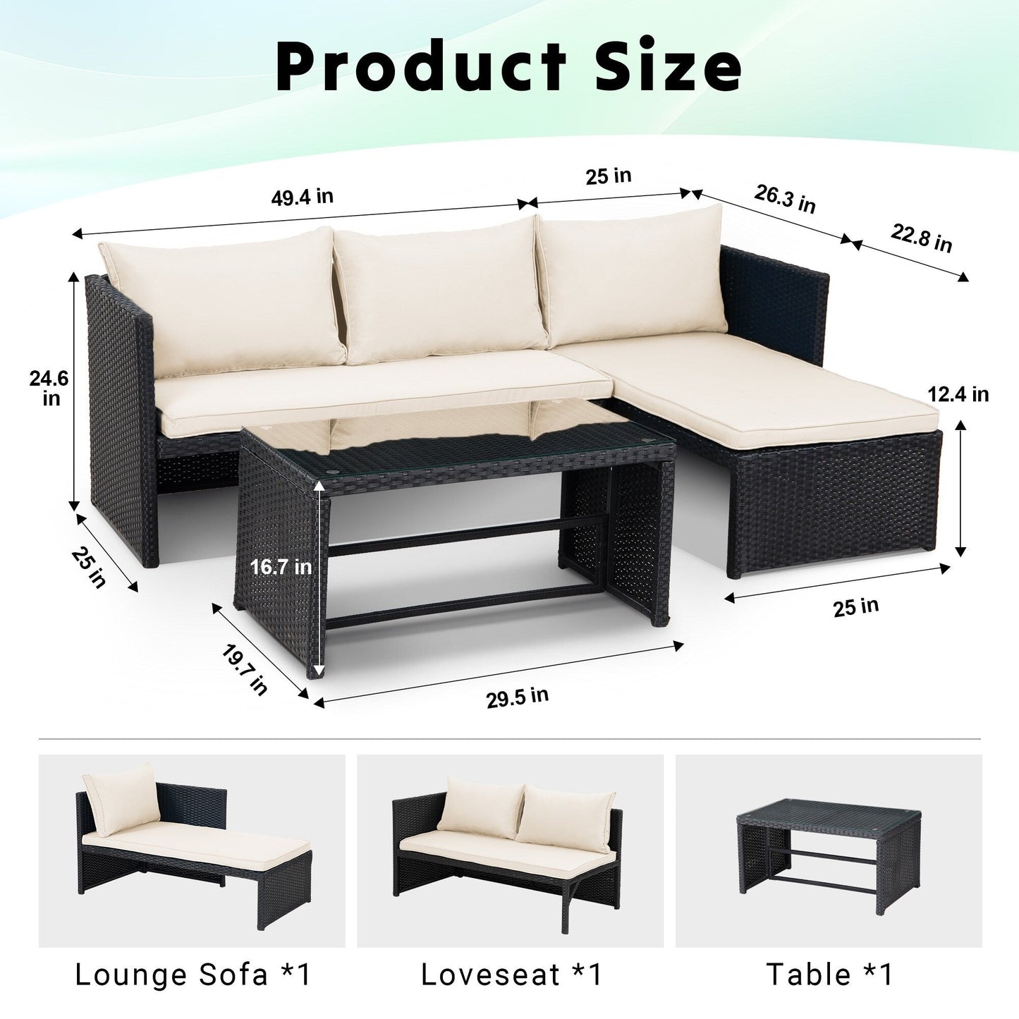 Set di mobili da esterno in rattan PE da 3 pezzi, divano a due posti in vimini per conversazione, divano componibile con cuscino