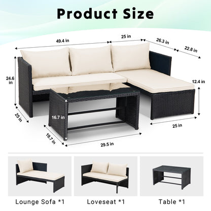 Set di mobili da esterno in rattan PE da 3 pezzi, divano a due posti in vimini per conversazione, divano componibile con cuscino