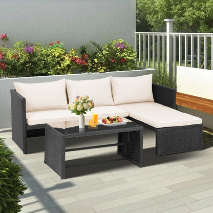 Set di mobili da esterno in rattan PE da 3 pezzi, divano a due posti in vimini per conversazione, divano componibile con cuscino