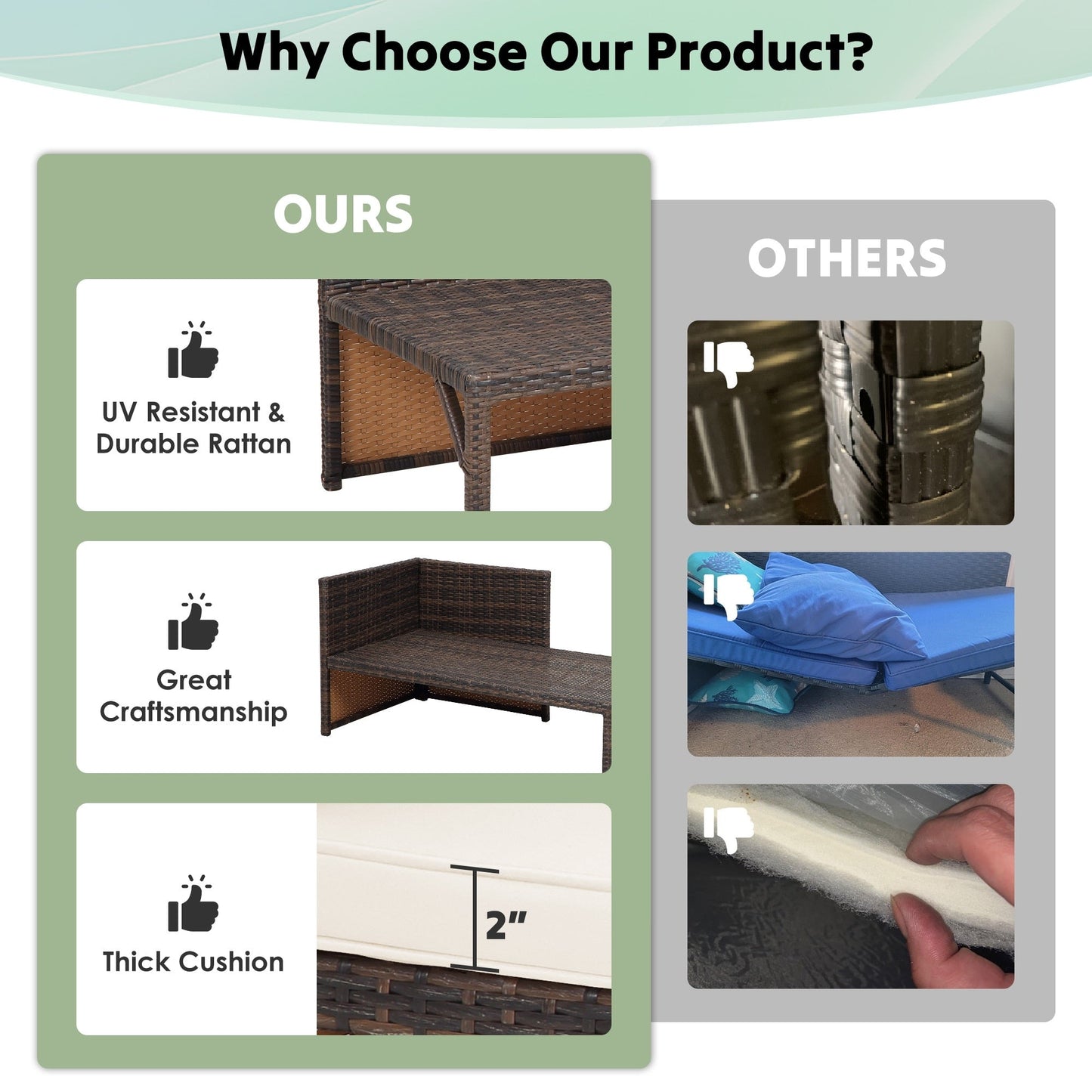 Set di mobili da esterno in rattan PE da 3 pezzi, divano a due posti in vimini per conversazione, divano componibile con cuscino