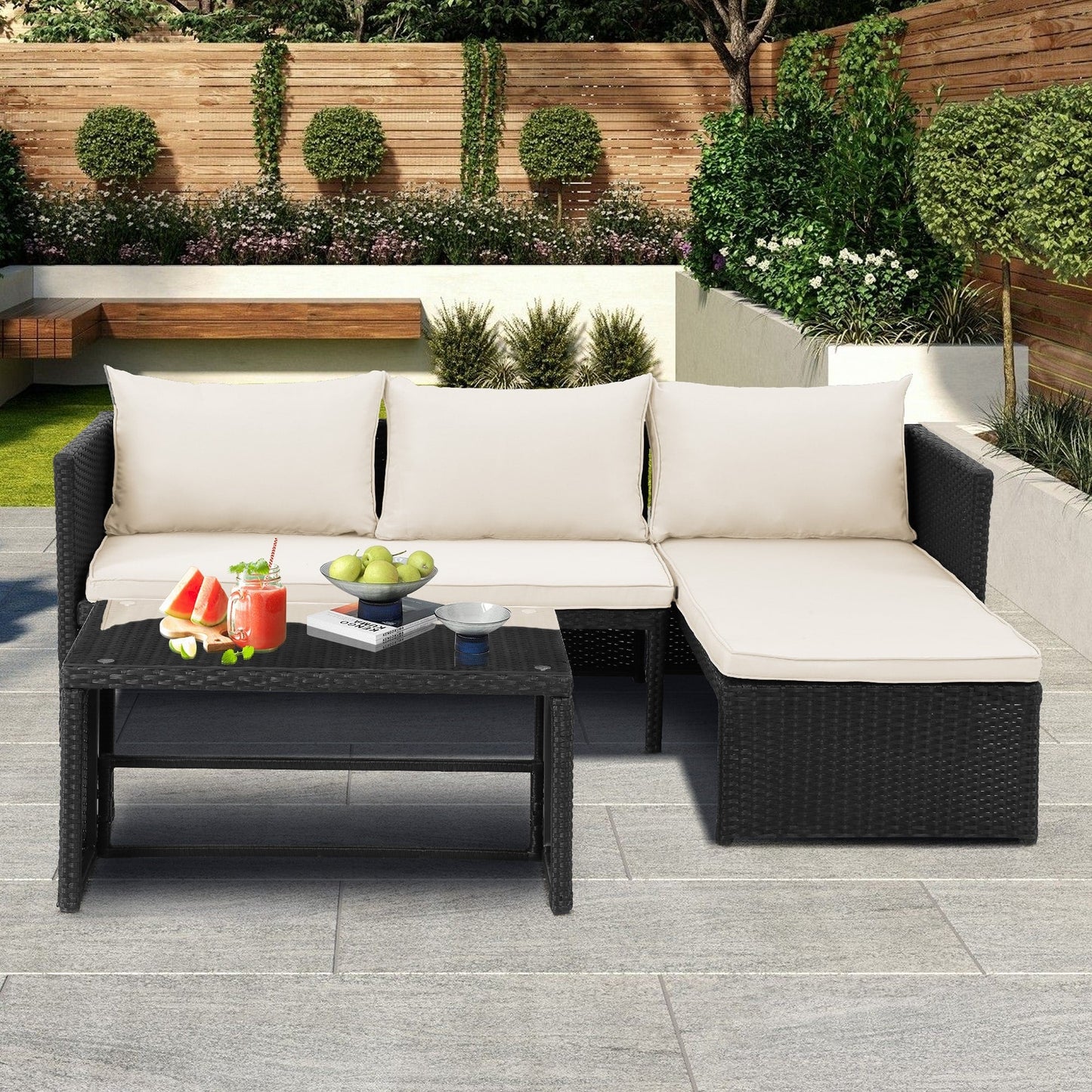 Set di mobili da esterno in rattan PE da 3 pezzi, divano a due posti in vimini per conversazione, divano componibile con cuscino