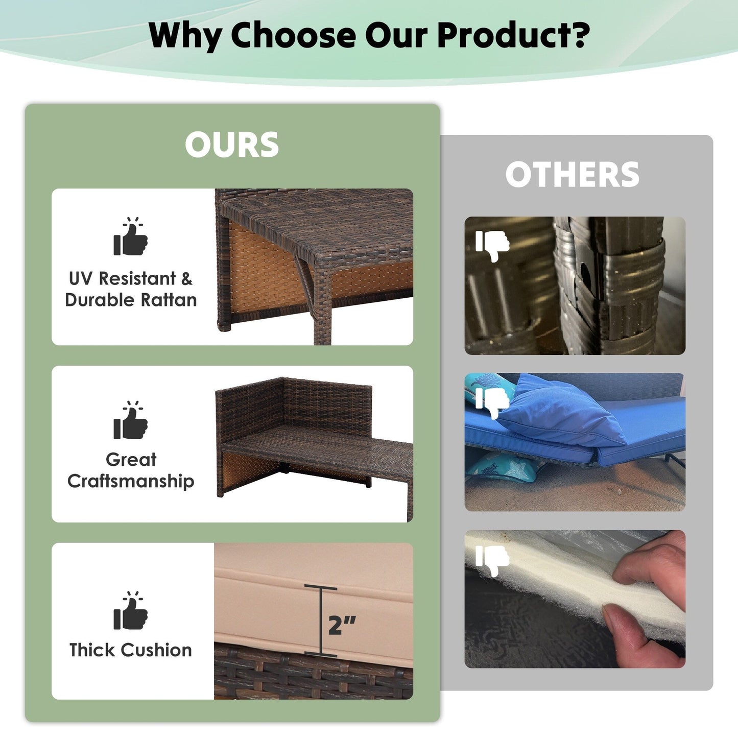 Set di mobili da esterno in rattan PE da 3 pezzi, divano a due posti in vimini per conversazione, divano componibile con cuscino